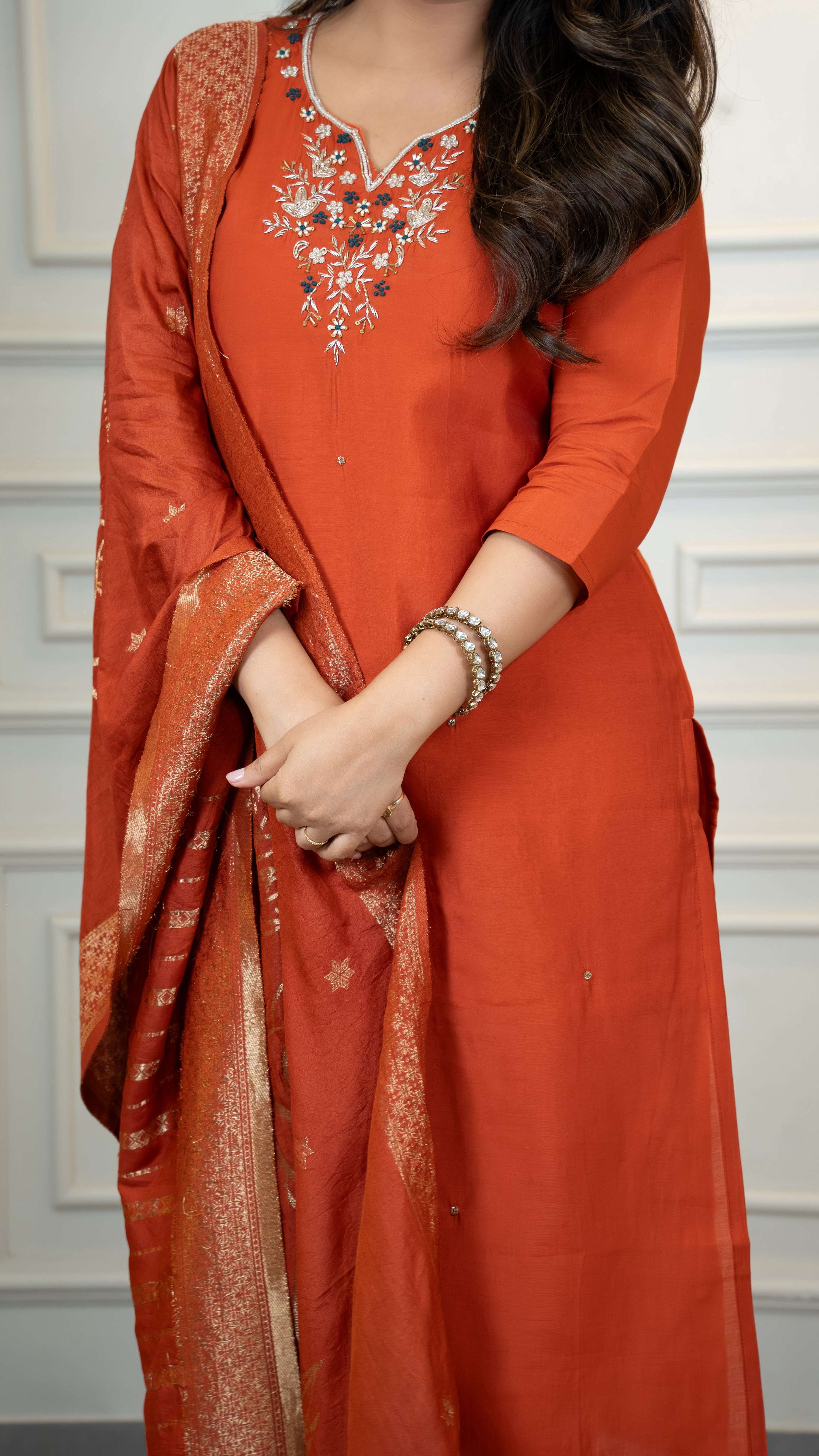 Vedant Vastram Roman Silk Hand Work & Embroidery Work Stitched Kurta Pant Dupatta Set-Rust