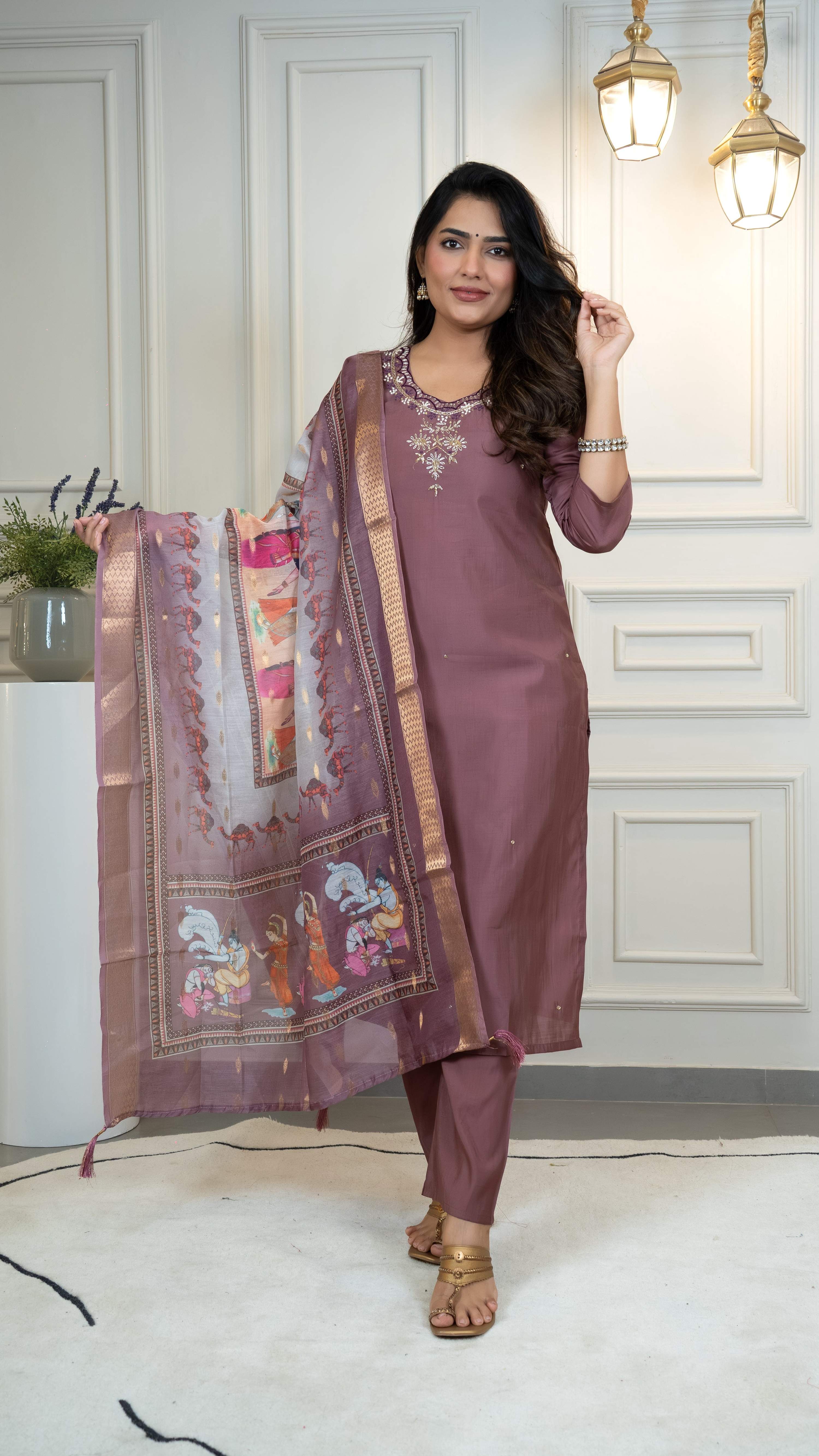 Vedant Vastram Roman Silk Hand Work & Embroidery Work Stitched Kurta Pant Dupatta Set-Burgundy