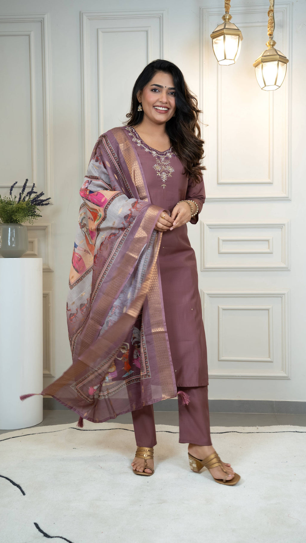 Vedant Vastram Roman Silk Hand Work & Embroidery Work Stitched Kurta Pant Dupatta Set-Burgundy