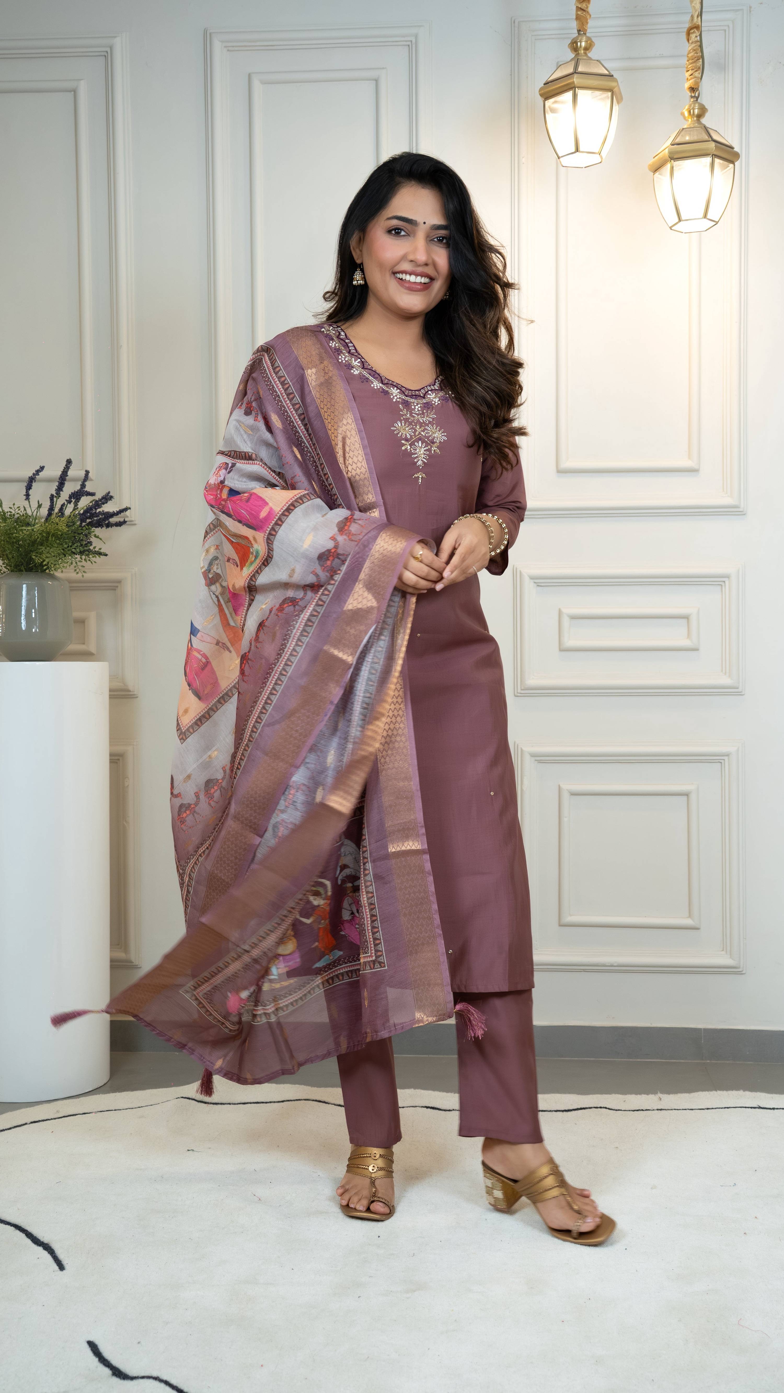 Vedant Vastram Roman Silk Hand Work & Embroidery Work Stitched Kurta Pant Dupatta Set-Burgundy