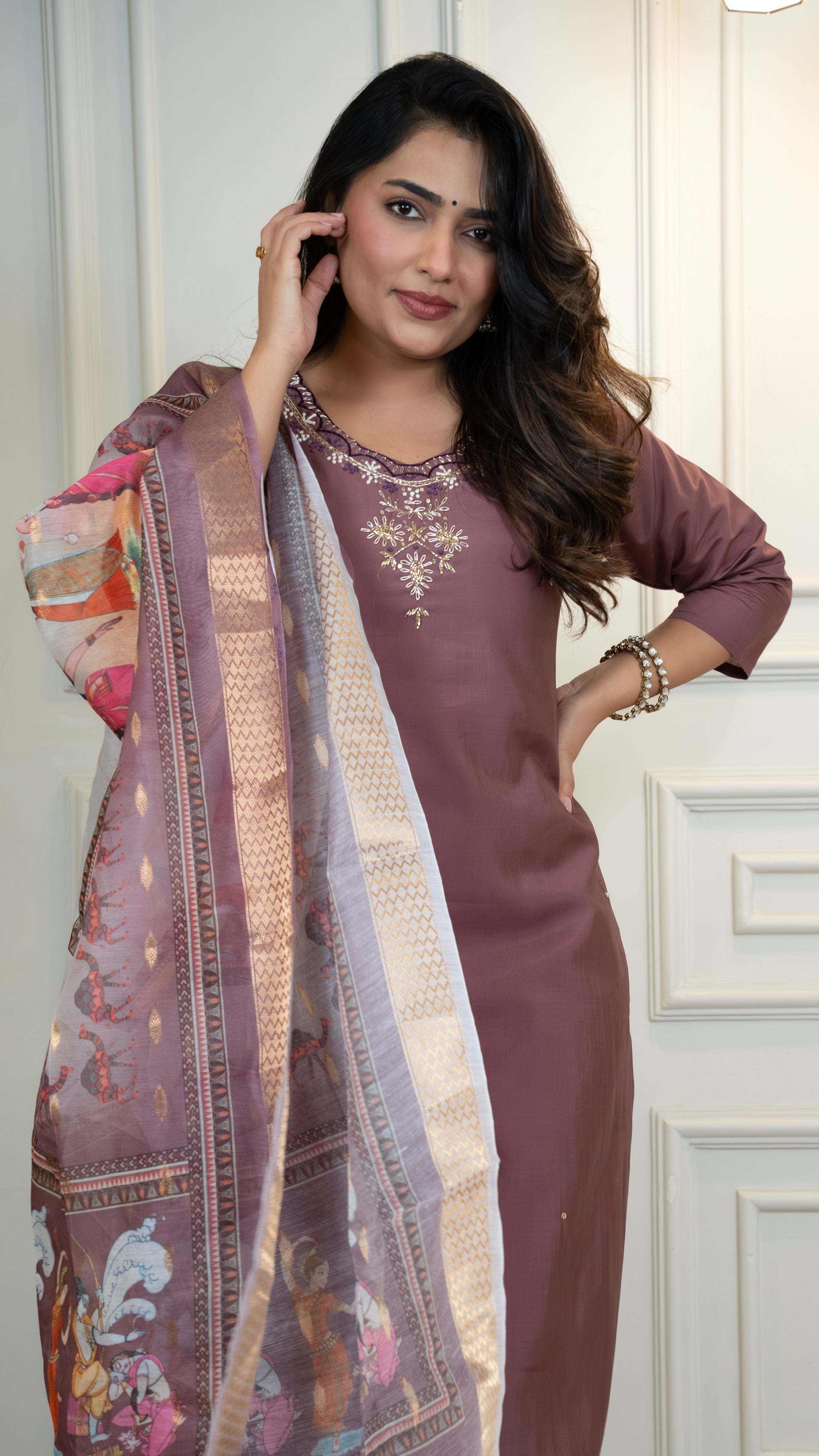 Vedant Vastram Roman Silk Hand Work & Embroidery Work Stitched Kurta Pant Dupatta Set-Burgundy