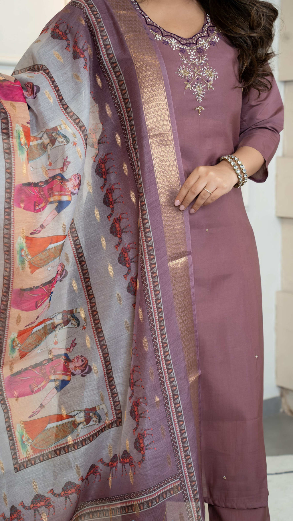 Vedant Vastram Roman Silk Hand Work & Embroidery Work Stitched Kurta Pant Dupatta Set-Burgundy