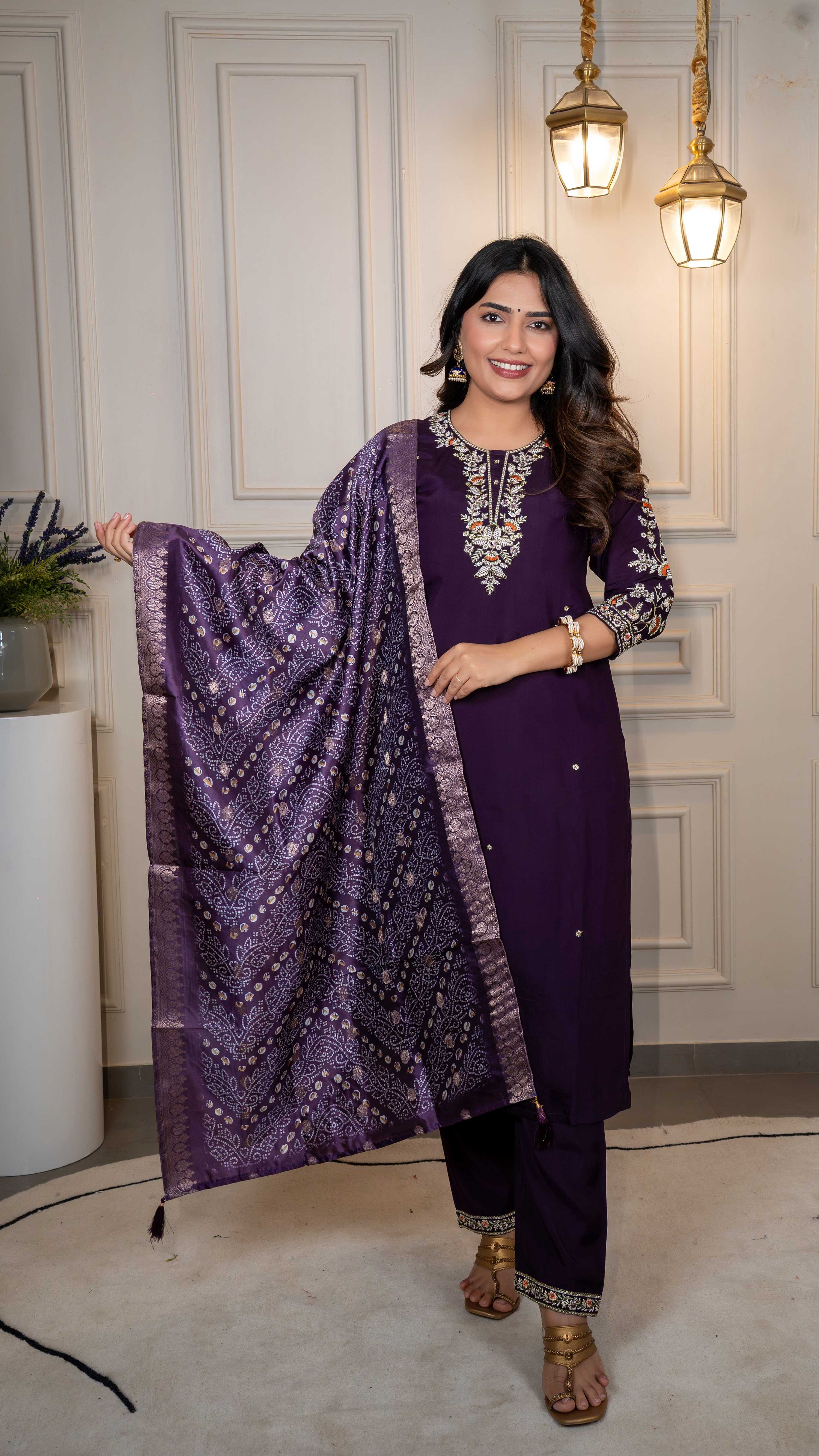 Vedant Vastram Roman Silk Hand Work & Embroidery Work Stitched Kurta Pant Dupatta Set-Purple