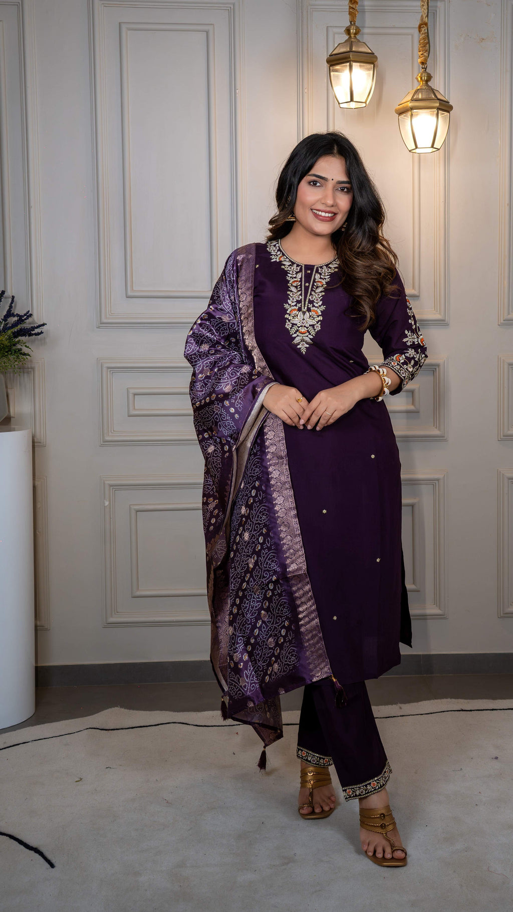 Vedant Vastram Roman Silk Hand Work & Embroidery Work Stitched Kurta Pant Dupatta Set-Purple