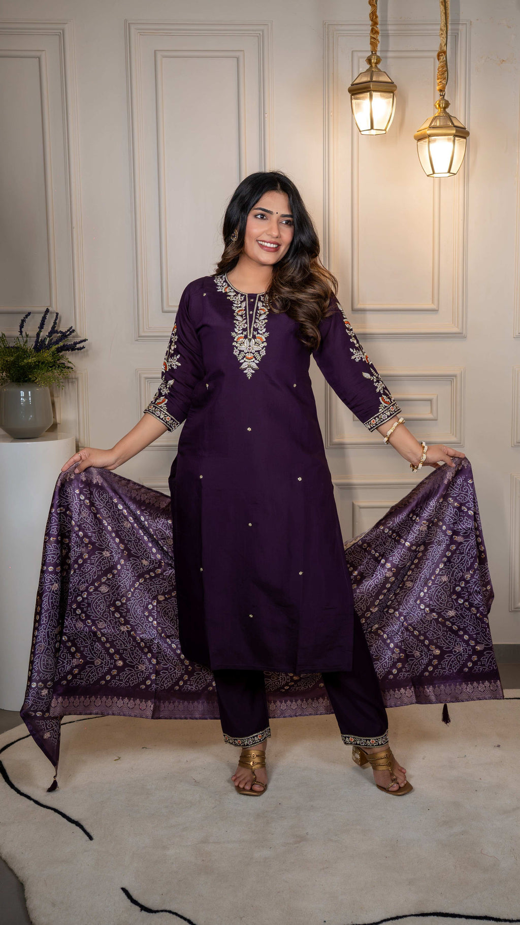 Vedant Vastram Roman Silk Hand Work & Embroidery Work Stitched Kurta Pant Dupatta Set-Purple