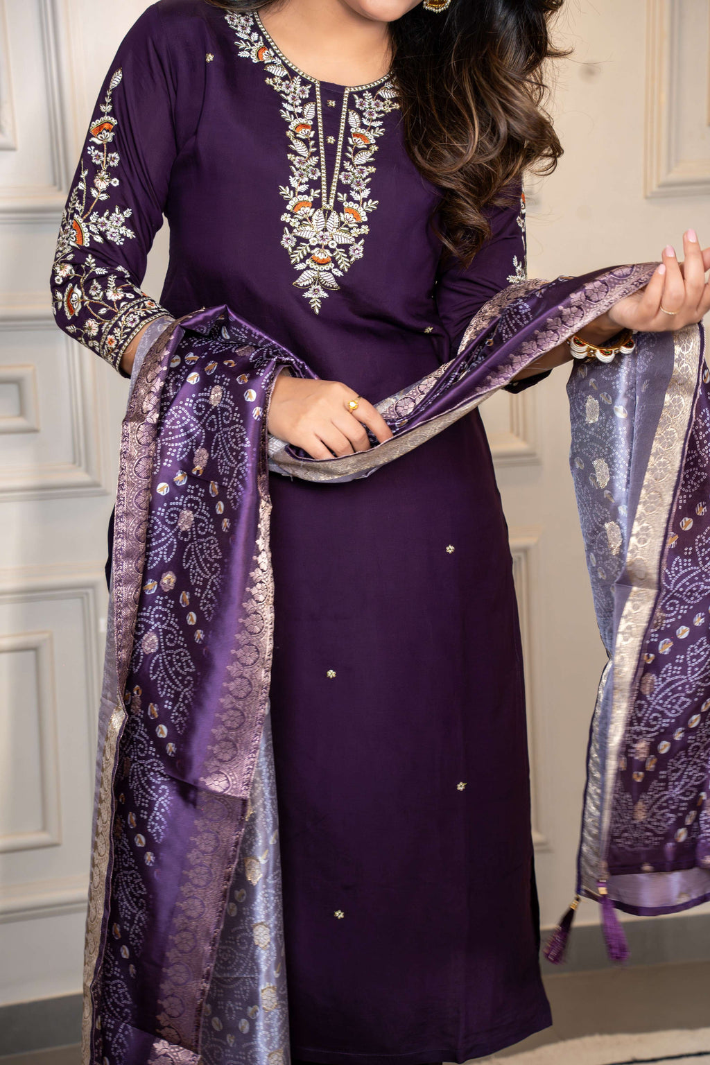 Vedant Vastram Roman Silk Hand Work & Embroidery Work Stitched Kurta Pant Dupatta Set-Purple