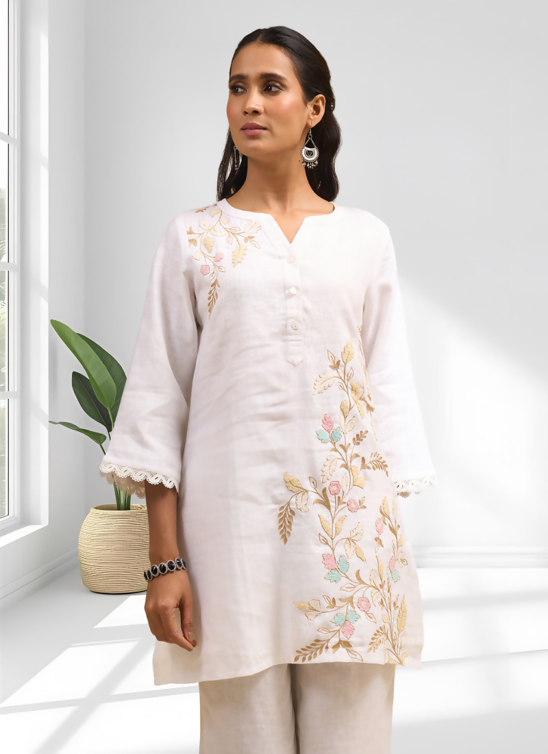 Joban Fashion Off White Linen Embroidered Readymade Cord Set
