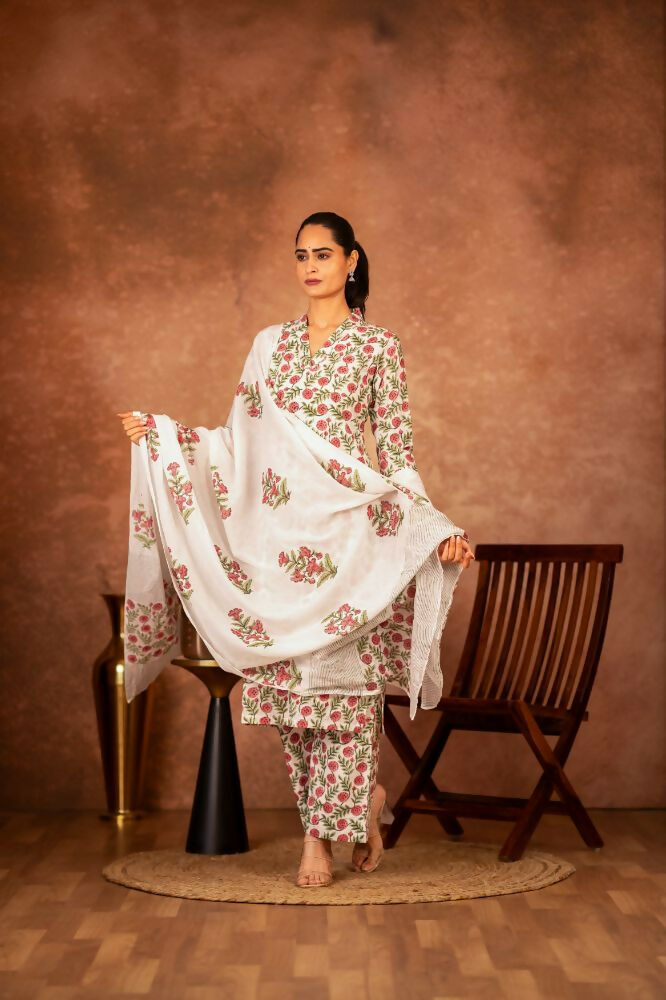 Joban Fashion Red Green Hand Block Printed Cotton Suit Set