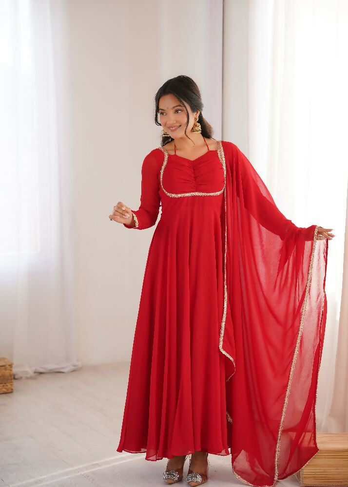 Teeya Creation Red Faux Georgette Designer Party Wear Long Gown