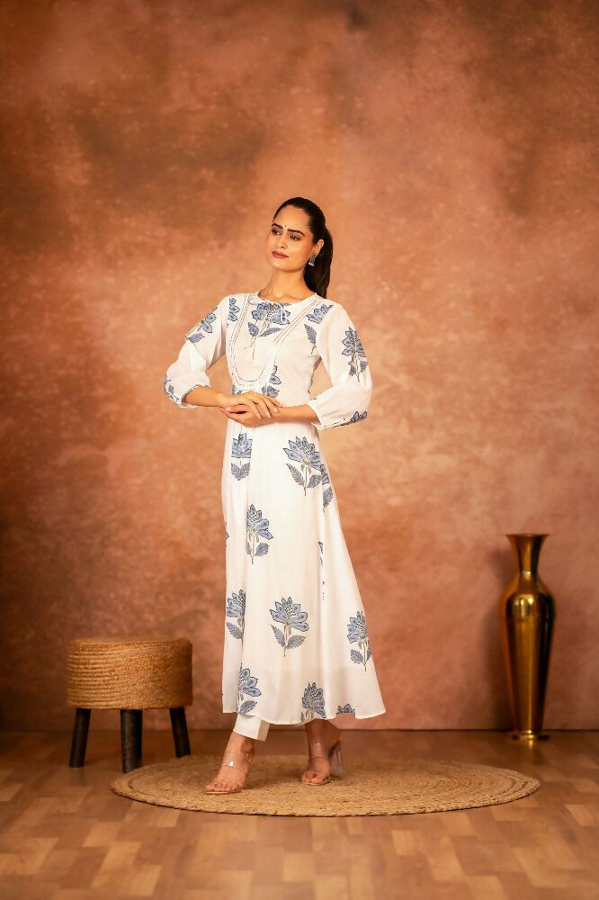 Joban Fashion Blue Floral Hand Block Printed Cotton Kurta Pant Set