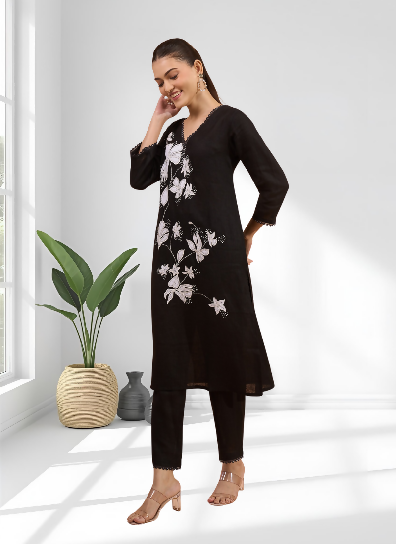 Joban Fashion Black Linen Embroidered Readymade Long Kurta With Pant