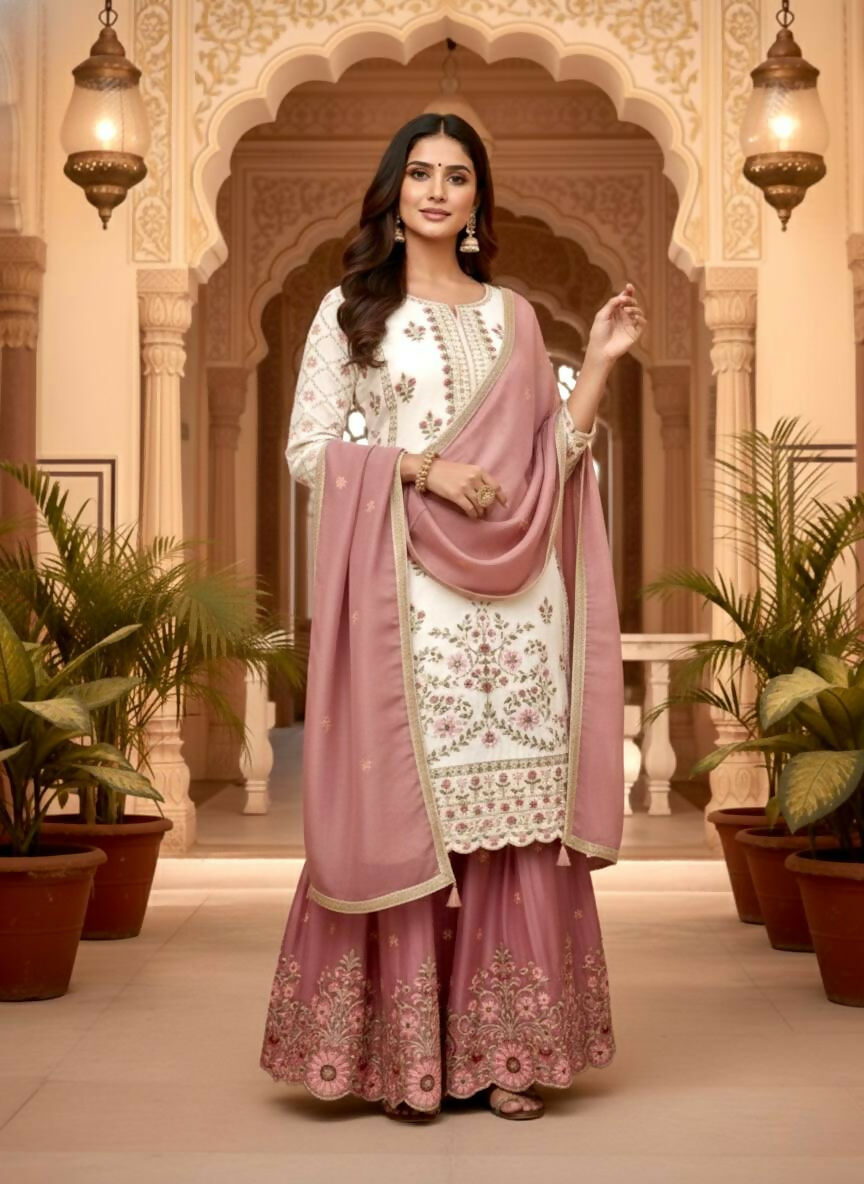 Teeya Creation Multi Color Pure Silk Gimmy Silk Heavy Embroidery Work Wedding Wear Palazzo Pair