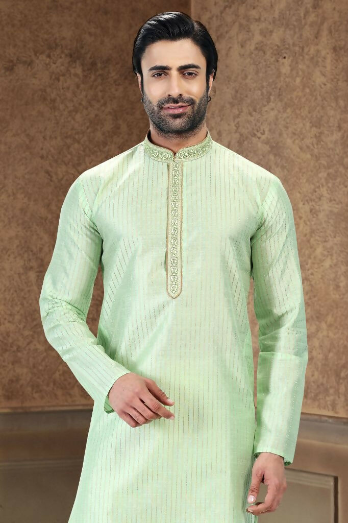 Raivat Ethnic Jacquard Art Silk Thread Work Kurta Pajama In Pista Green Colour
