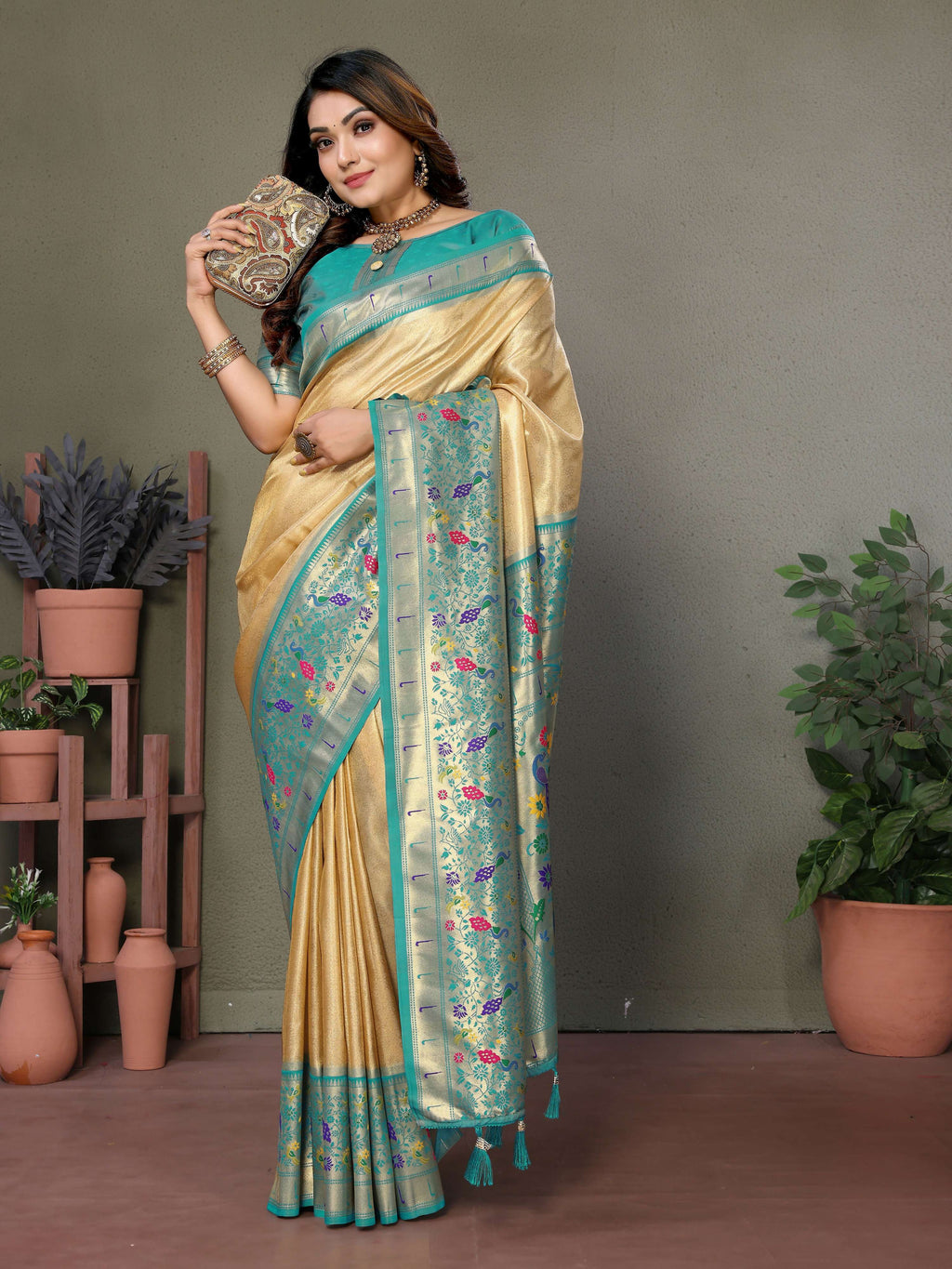 Aastha Fashion Cream Tissue Silk Paithani Woven Saree