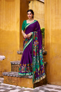 Vastranavya Purple Viscose Chanderi Kalamkari Print with Zari Working Saree & Unstitched Blouse