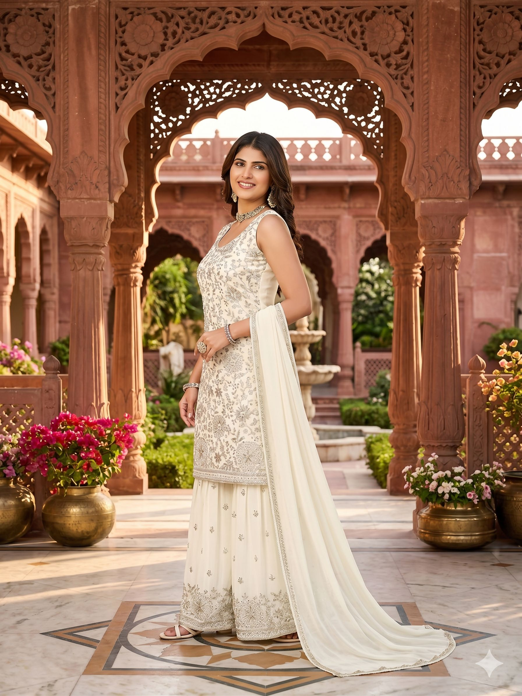 Teeya Creation Womens New Designer Georgette White Embroidered Sharara Set With Sequence Work And Lace Border Dupatta