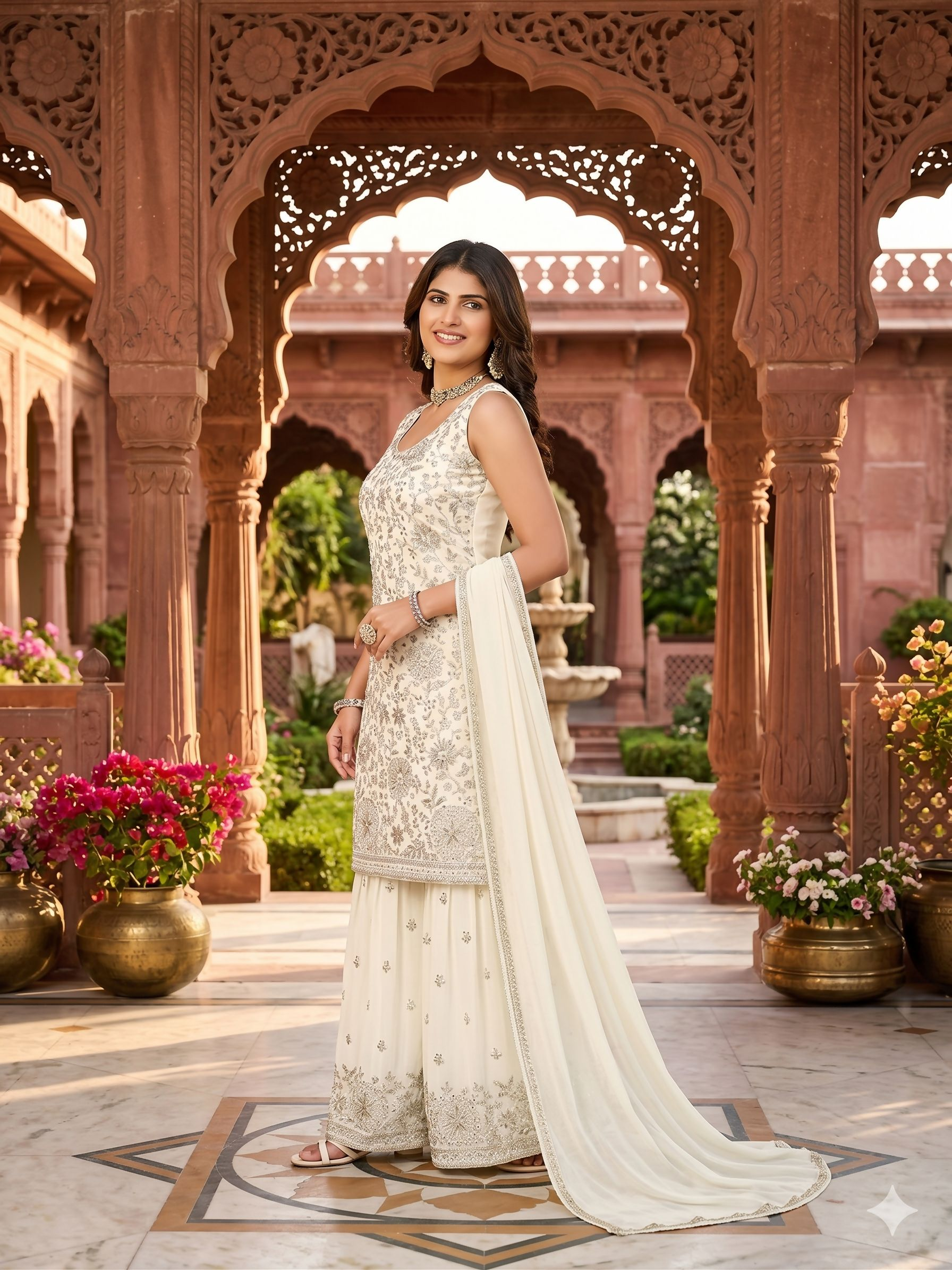 Teeya Creation Womens New Designer Georgette White Embroidered Sharara Set With Sequence Work And Lace Border Dupatta