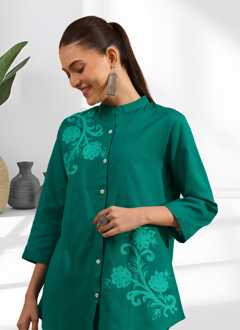 Joban Fashion Green Cotton, Linen Embroidered Readymade Cord Set