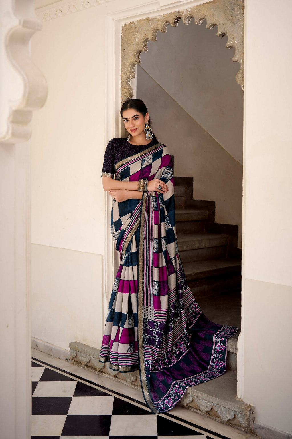 Vastranavya Navy Blue Viscose Chanderi Printed with Temple Border Saree & Unstitched Blouse