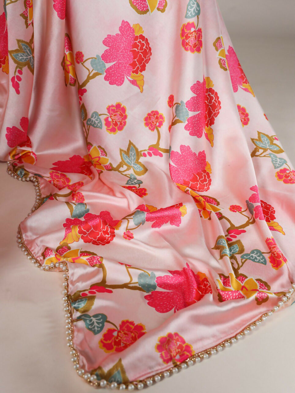 Vastranavya Peach Satin Silk Floral Printed with Pearl Lace Saree with Unstitched Blouse