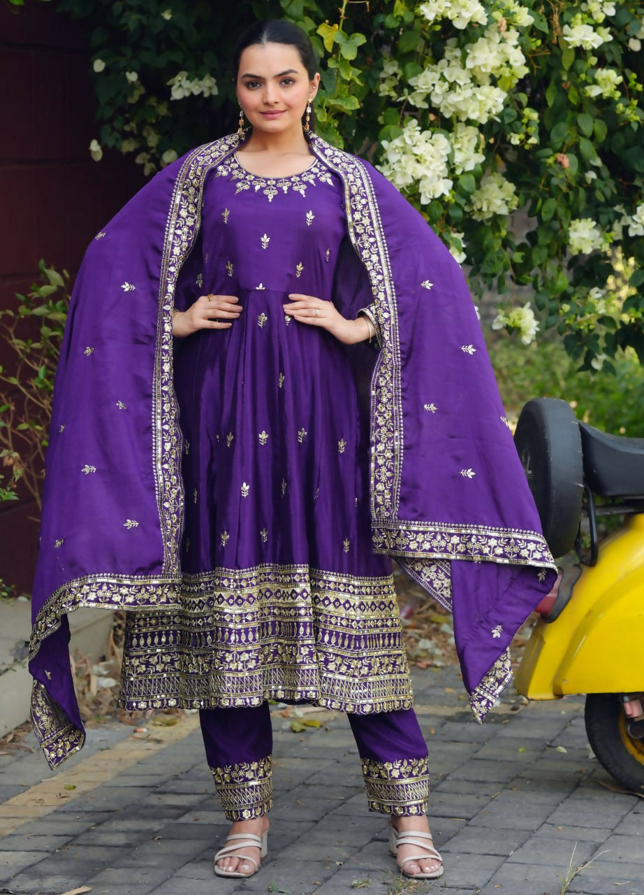 Joban Fashion Purple Silk Embroidered Anarkali Dress