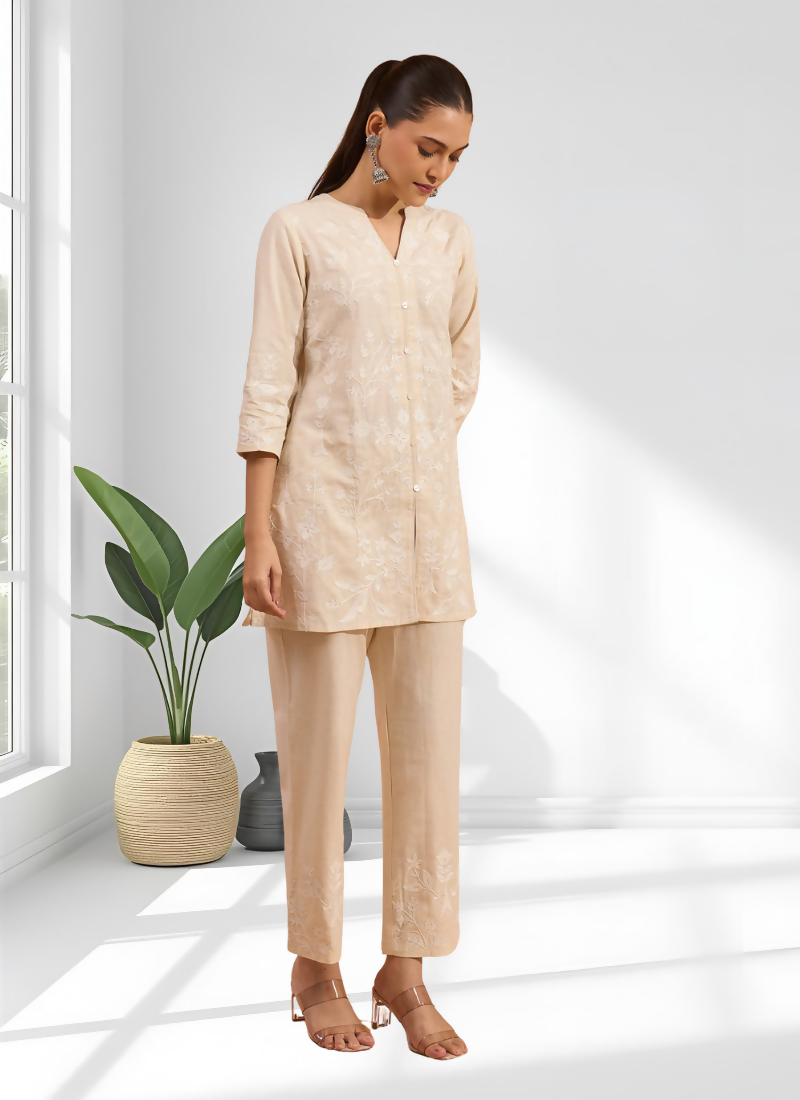 Joban Fashion Cream Linen Embroidered Readymade Cord Set