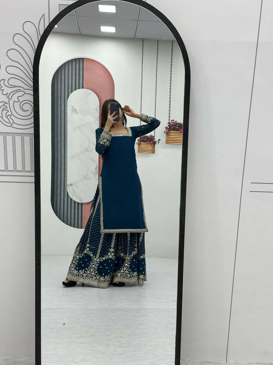 Teeya Creation Womens New Heavy Fox Georgette Fabric With Heavy Embroidery Work Teal Kurta Set