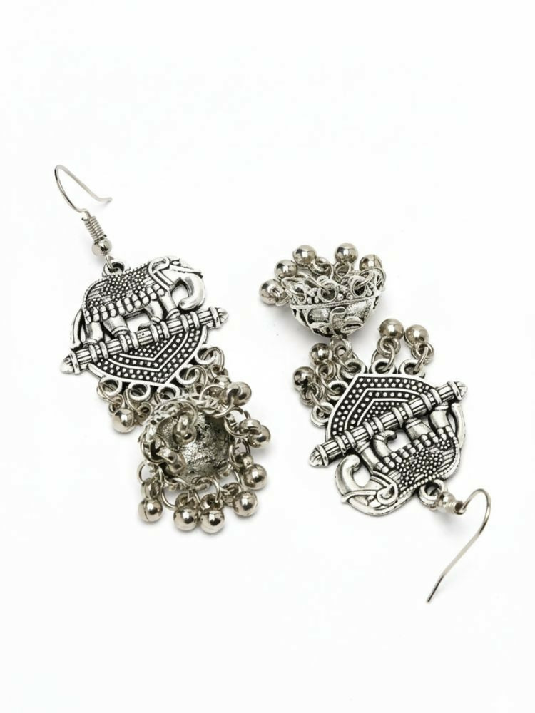 NVR Women Elephant Design German Silver Oxidised Jhumka Earrings