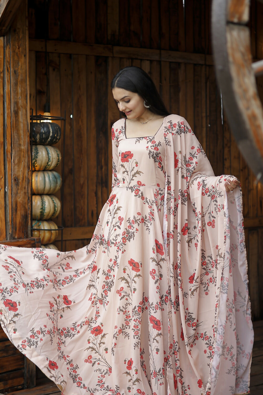 Aayaa Designer Printed Georgette Full Flare Gown With Dupatta - Multi Color