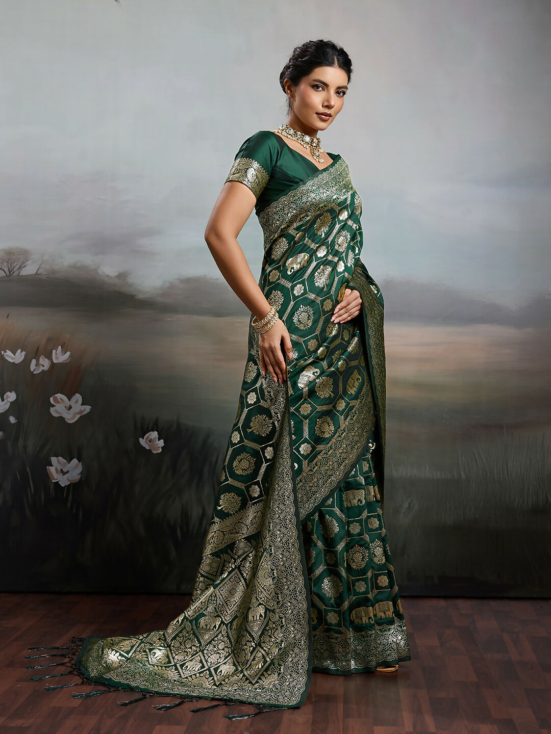 Shree Shyam Fashion Bottle Green Silk Blend Saree