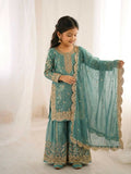 Teeya Creation Girls Heavy Embroidery Turquoise Ethnic Kurta And Palazzo Set With Net Dupatta
