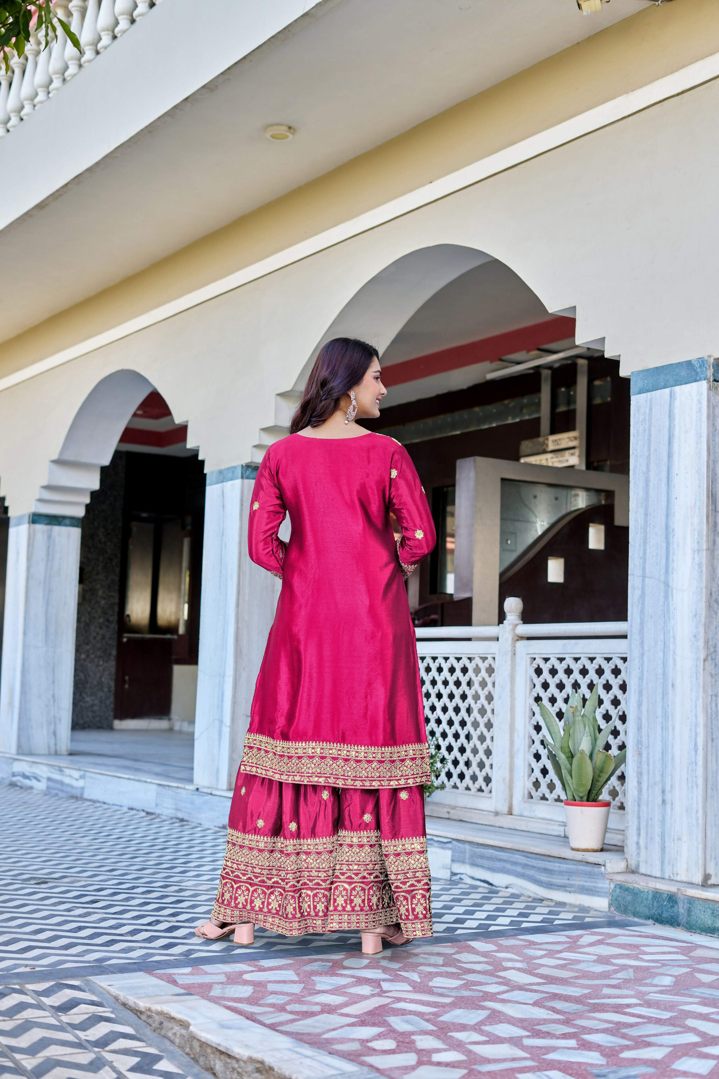 Teeya Creation Pink Color Chinon Silk Heavy Embroidery Work Wedding Wear Sharara