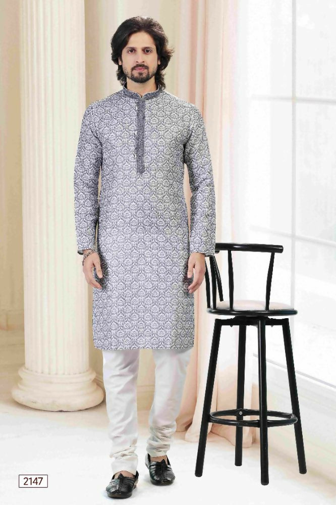 Raivat Ethnic Cotton Thread Work Kurta Pajama In Grey Colour