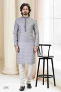 Raivat Ethnic Cotton Thread Work Kurta Pajama In Grey Colour