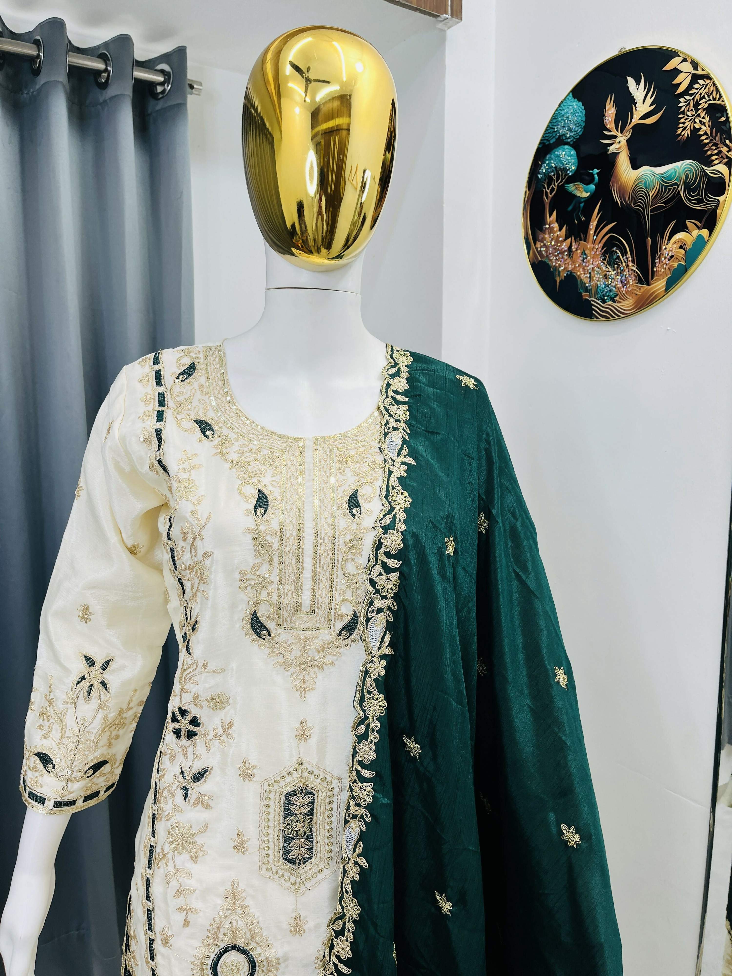 Teeya Creation Green Color Chinon Silk Party Wear Trending Palazzo Set