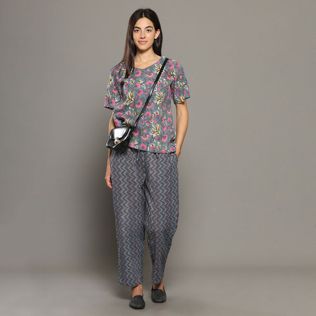 Breathables Women Cotton Printed Loungewear Kurta And Pants Co-Ord Set With Crop Top Grey I Nightwear