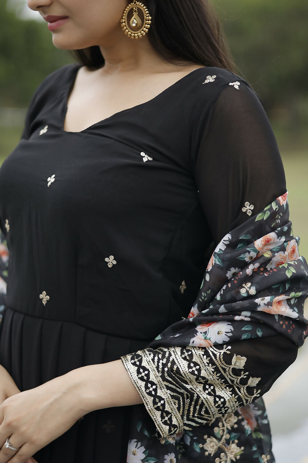 Aayaa Designer Embroidery Zari Sequins-Work Faux Blooming Georgette Suit - Black
