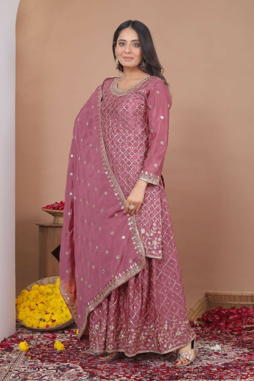 Teeya Creation Dark Onion Color Chinon Silk Wedding Wear Trending Palazzo Set