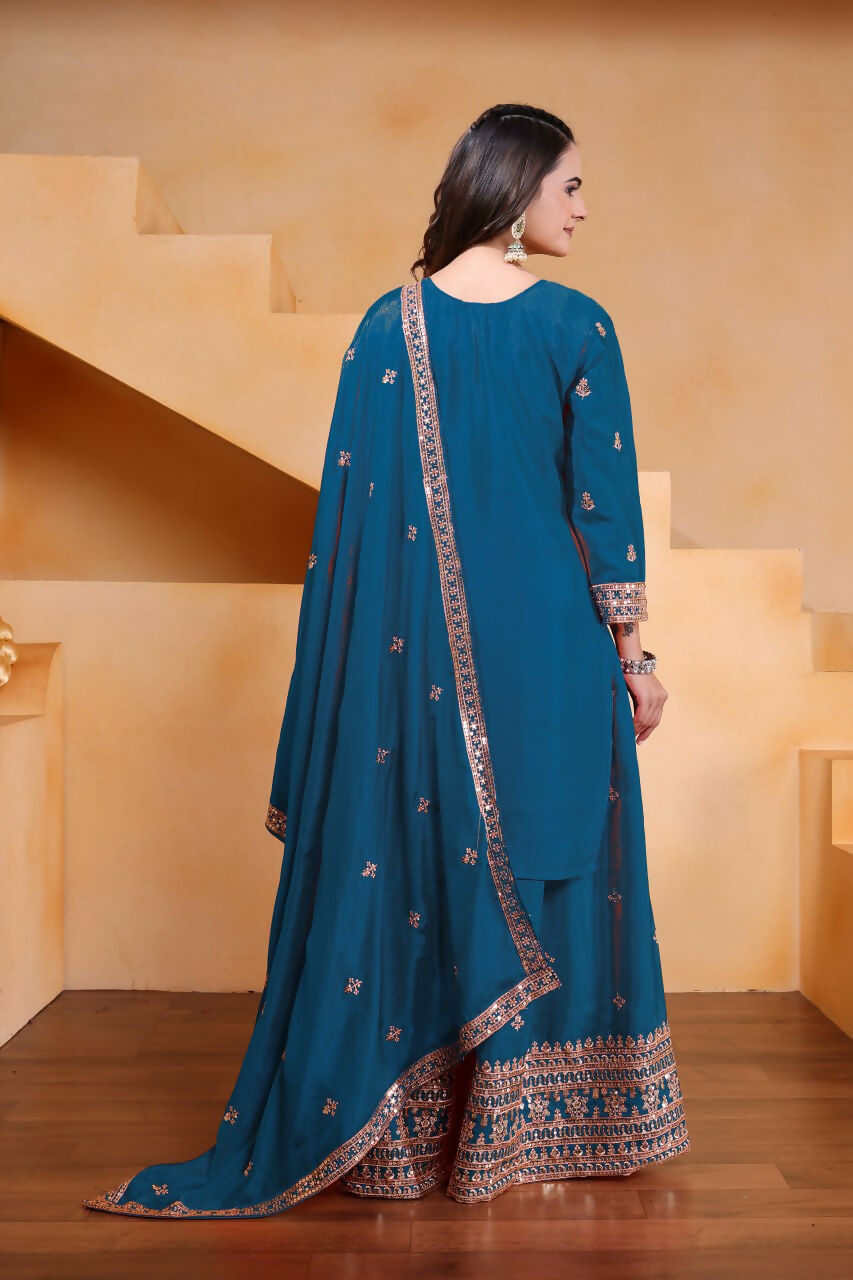 Joban Fashion Teal Silk Embroidered Sharara Set
