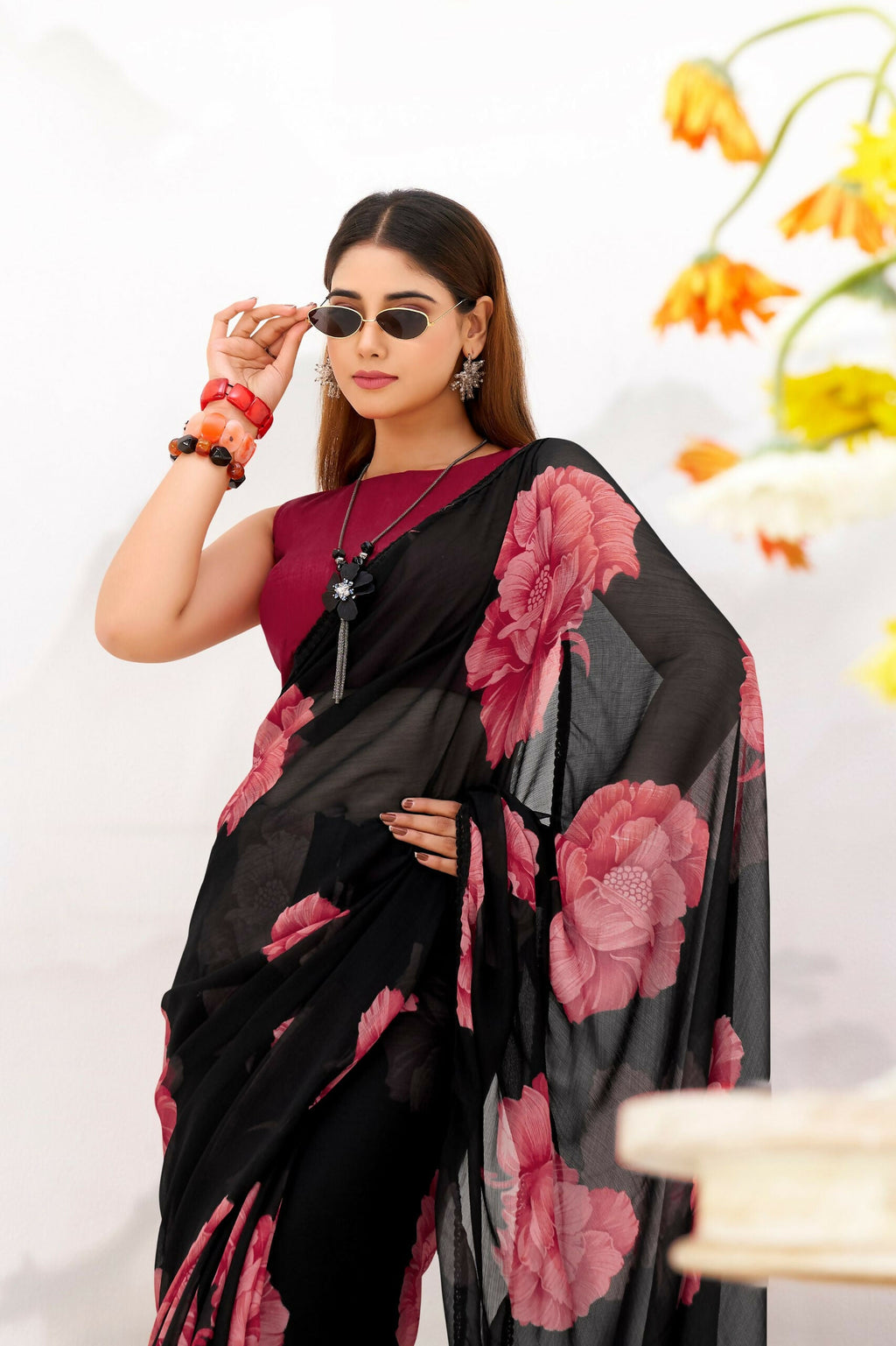 Vastranavya Black Floral Print with Lace Border work Chiffon Saree & Unstitched Blouse