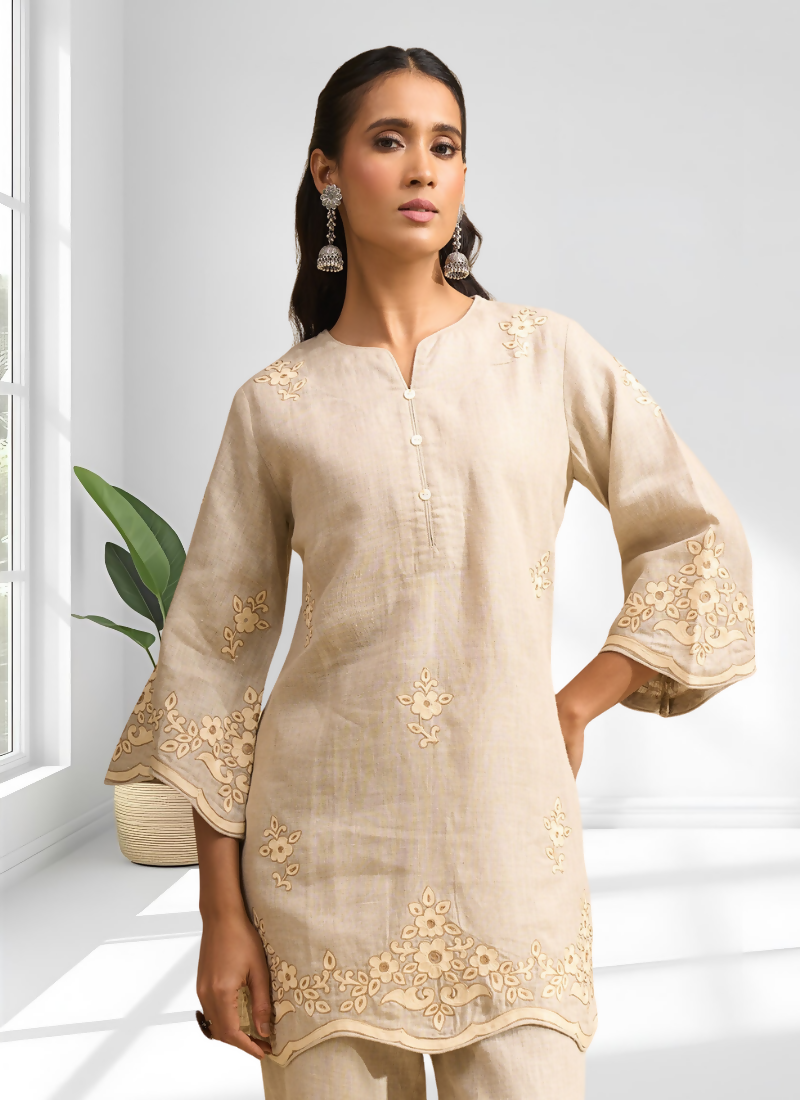 Joban Fashion Beige Linen Embroidered Readymade Cord Set