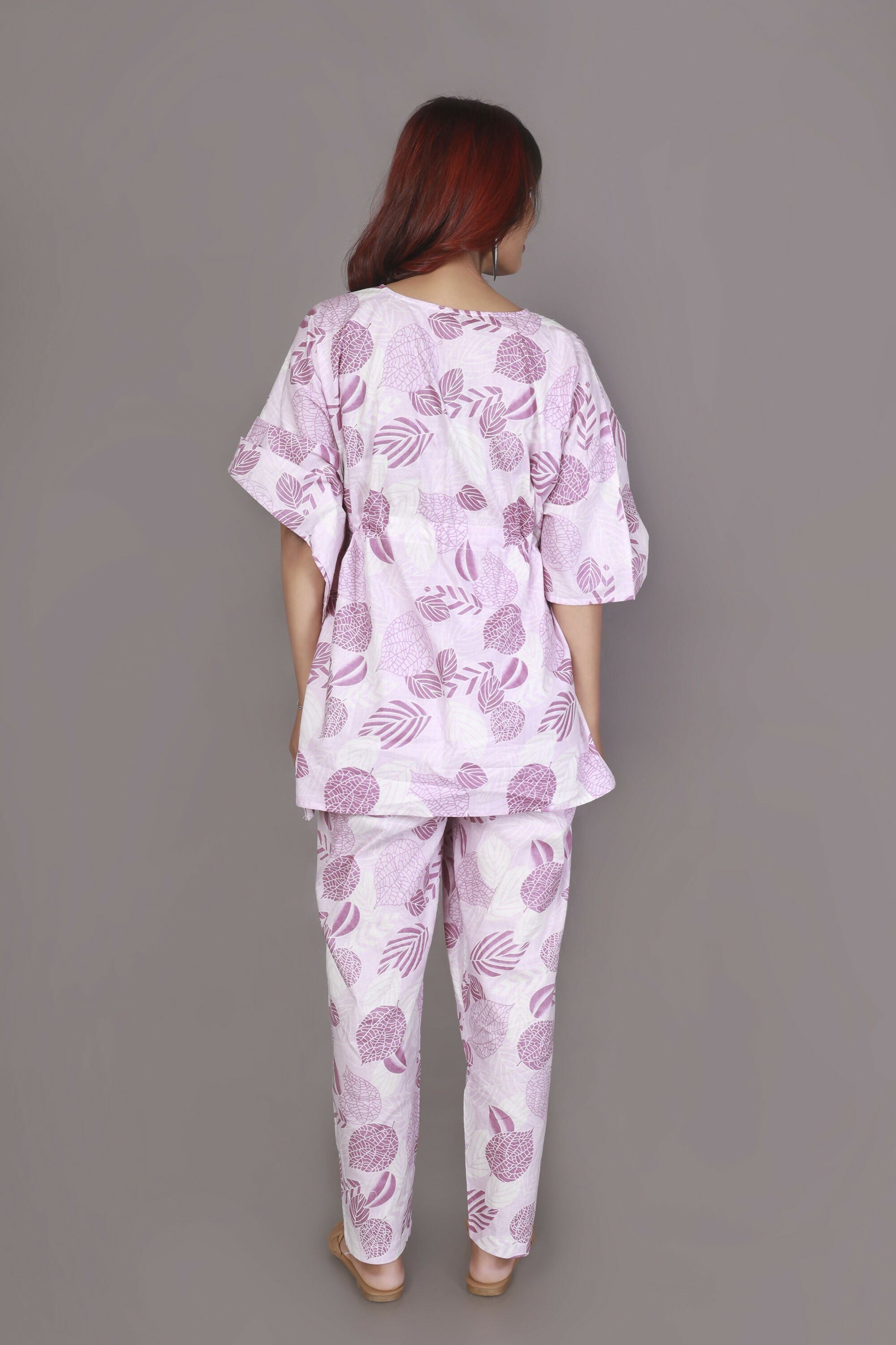 Breathables Women’S Loungewear Kaftan Cotton Pink Nature-Inspired Print Co-Ord Set