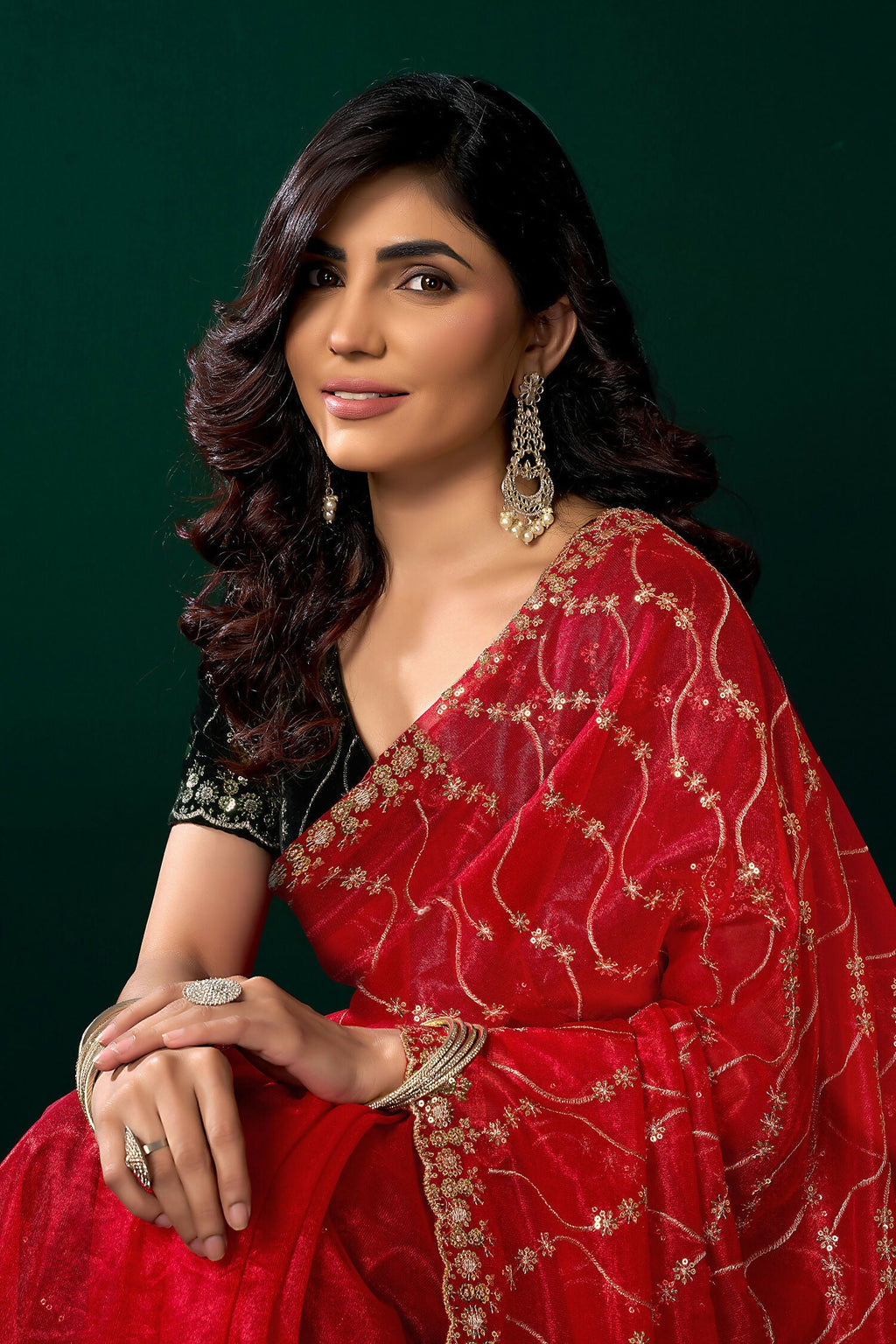 Joban Fashion Red Net Party Wear Sarees