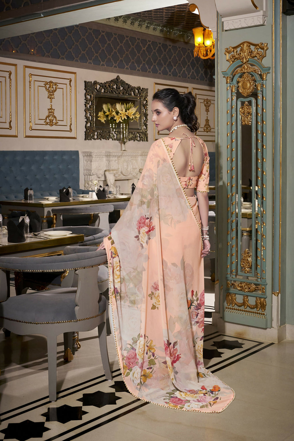 Vastranavya Peach Spectacular Georgette Printed with Pearl Lace Saree with Unstitched Blouse