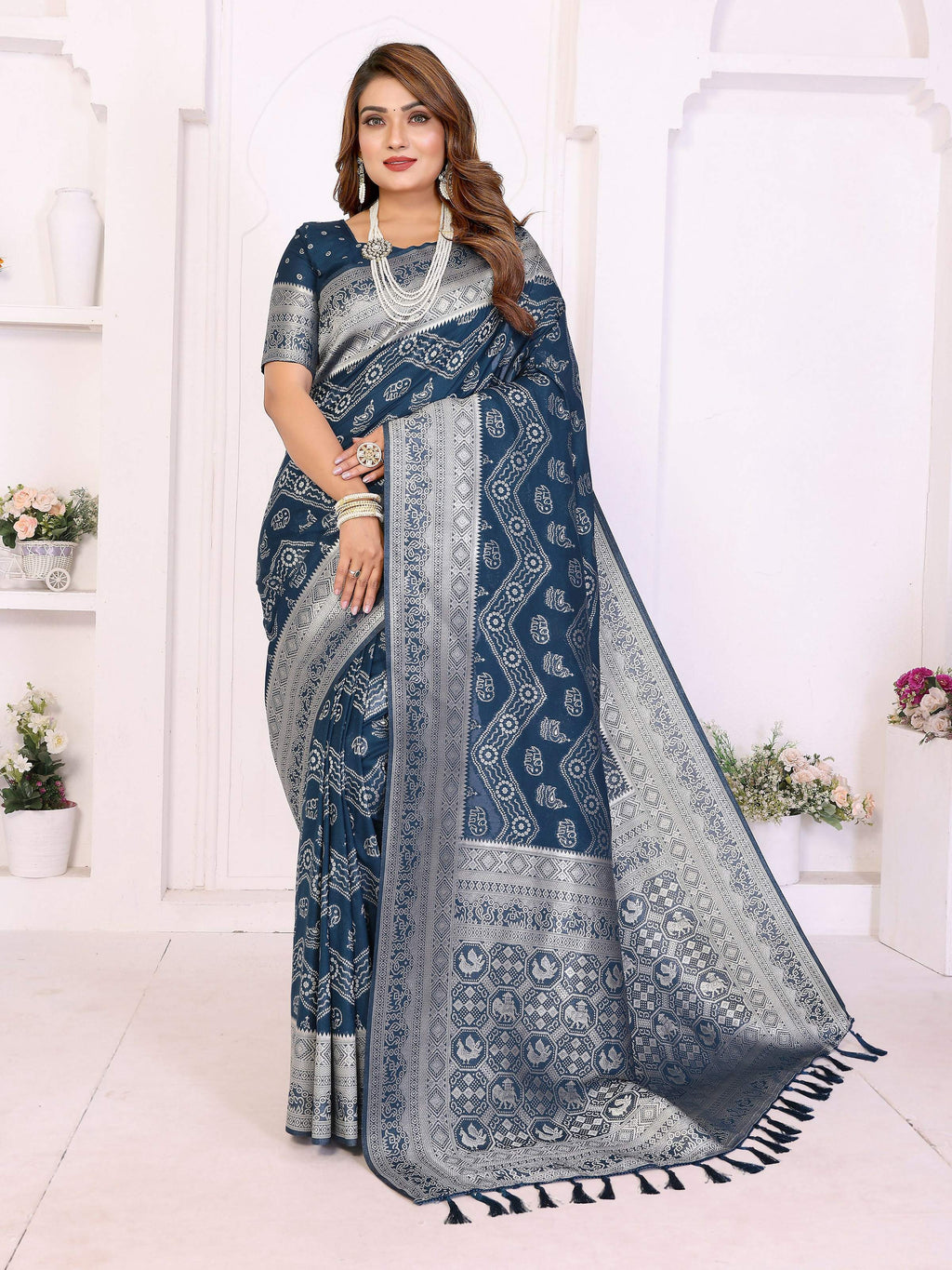 Aastha Fashion Teal Blue Georgette Silk Leheriya With Elegant Zari Weaving Saree