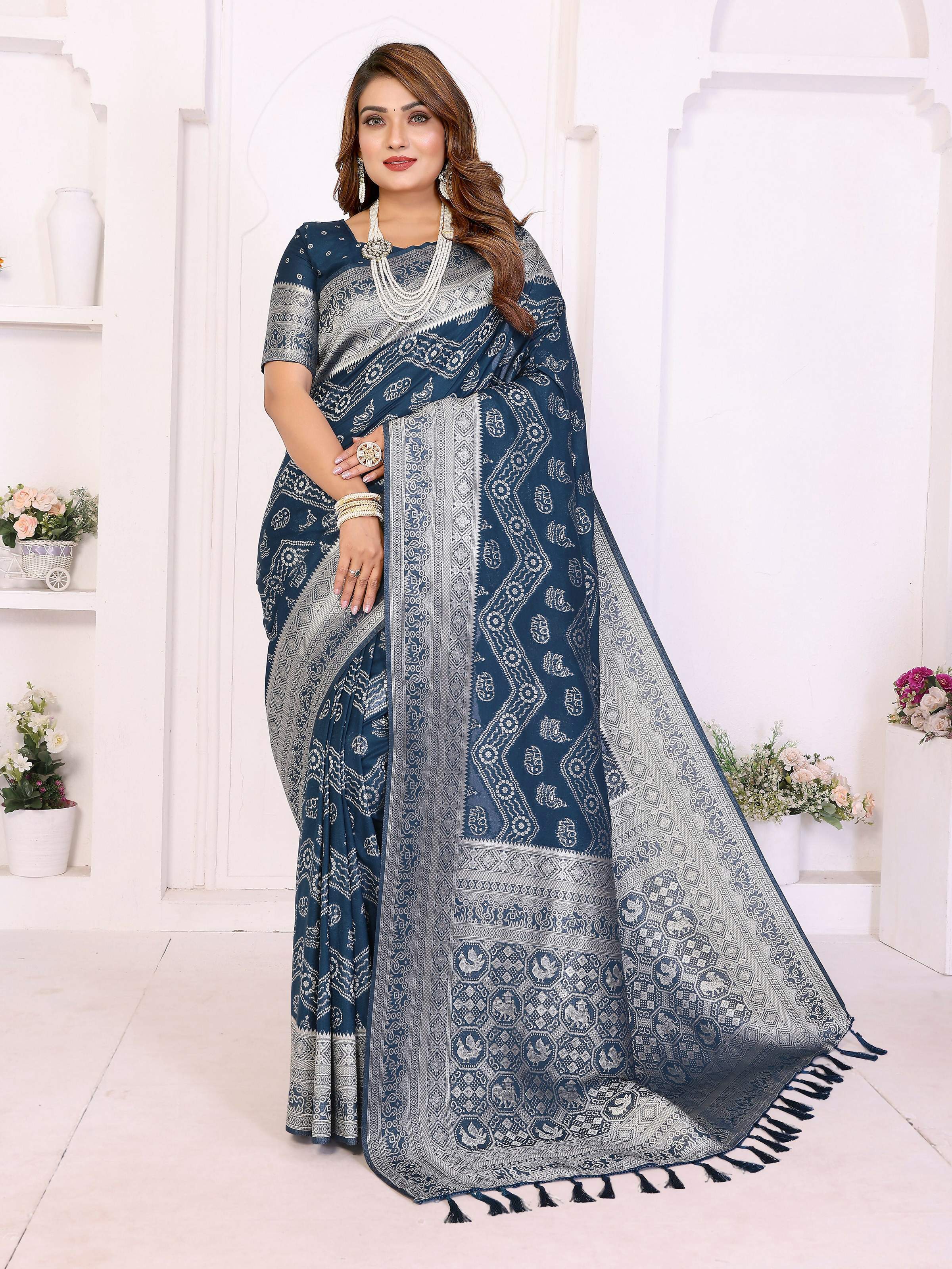 Aastha Fashion Teal Blue Georgette Silk Leheriya With Elegant Zari Weaving Saree