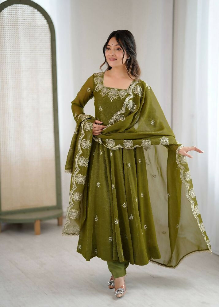 Teeya Creation Mehendi Color Crunchy Silk Embroidery Work Wedding Wear Gown