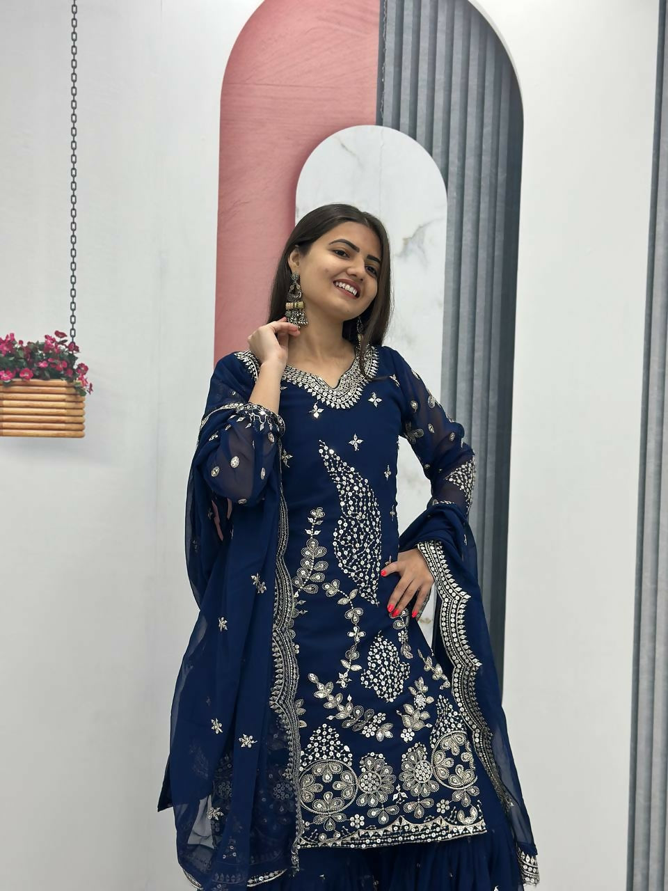 Teeya Creation Womens New Heavy Fox Georgette Fabric With Heavy Embroidery Work Dark-Navy-Blue Kurta Set
