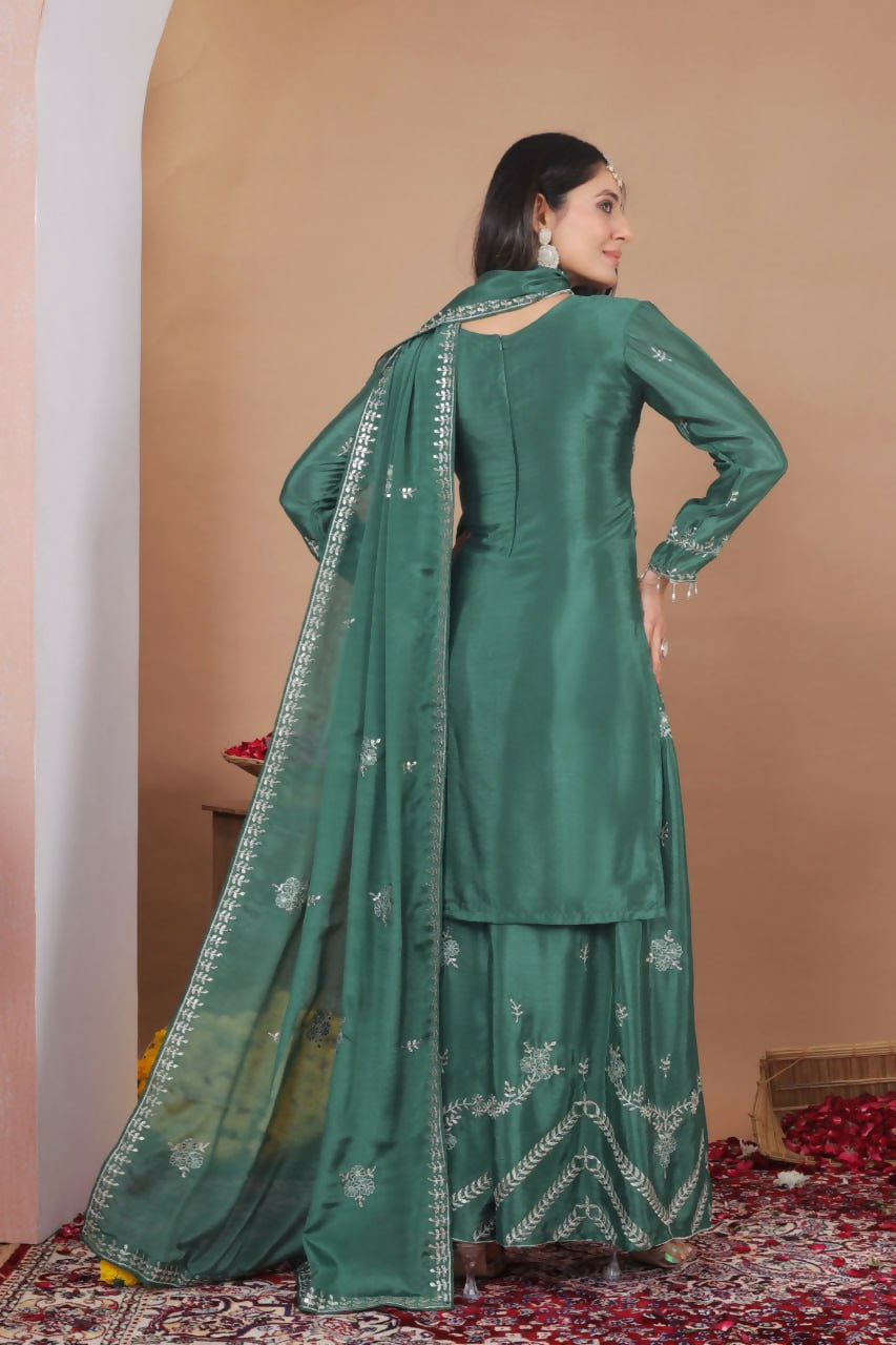 Teeya Creation Green Color Chinon Silk Wedding Wear Trending Palazzo Set