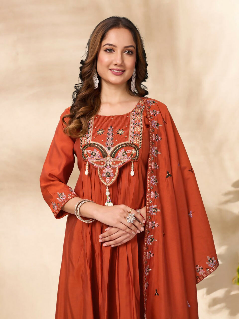 Lehenga Mart Designer Anarkali Suit With Kurta, Pant, Dupatta For Women-Rust Orange